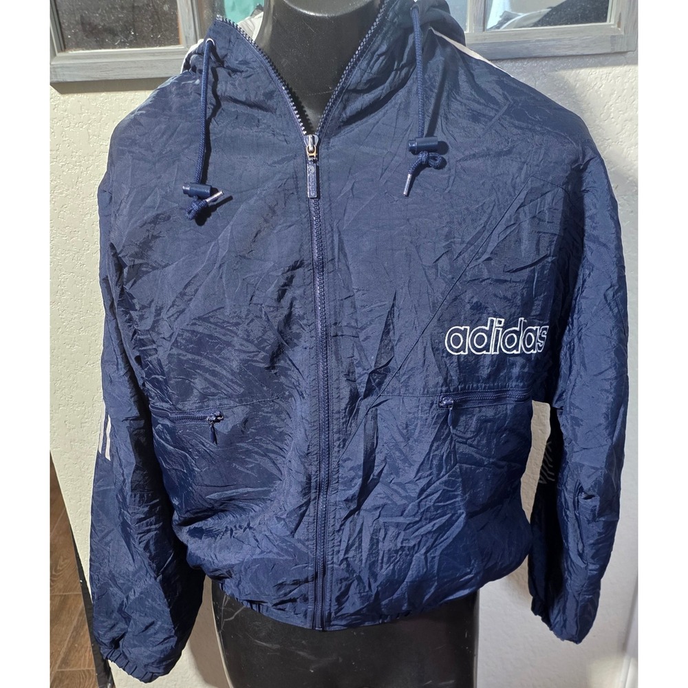 Vintage Adidas Windbreaker Jacket Navy Blue Mens Medium Full Zip Hooded 90s Logo
